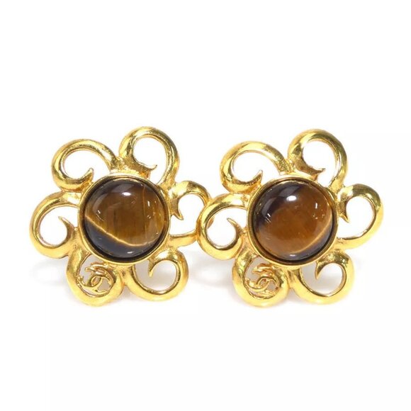 Auth CHANEL CC Logo Clip on Earrings Gold/Brown Metal/Glass Stone - Picture 1 of 15
